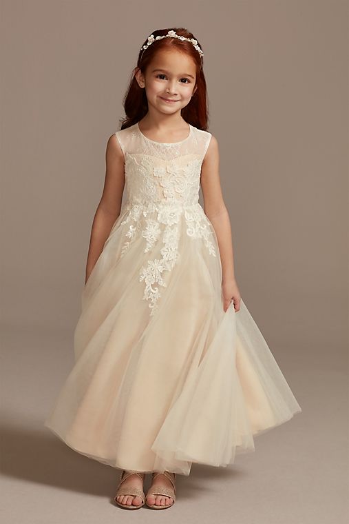 David's Bridal Illusion and Tulle Flower Girl Dress with Applique